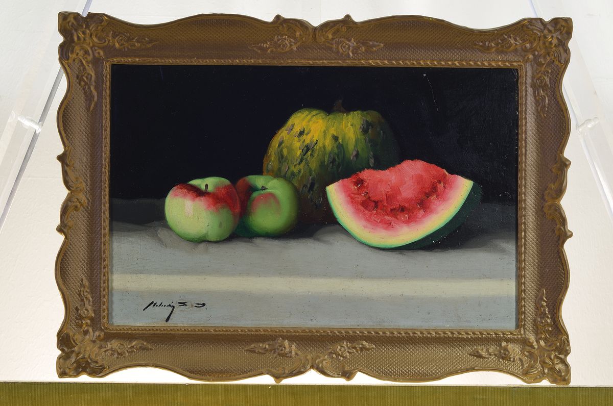 Detail k: Janos Zoltan Molnar, 1860-1960, ungarischer Stilllebenmaler, Stillleben mit Melone und Äpfeln, Öl/Malkarton, links unten signiert, ca. ...