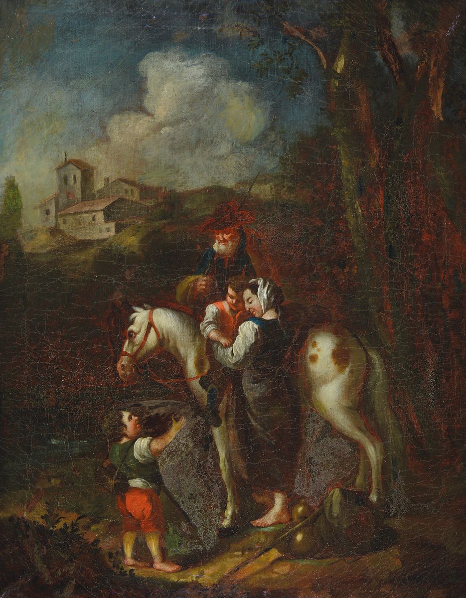 Unbekannter Künstler, Italien, um 1760-1780, die Heilige Familie und Johannes bei einer Rast, biblische Geschichte transformiert in italienische ...