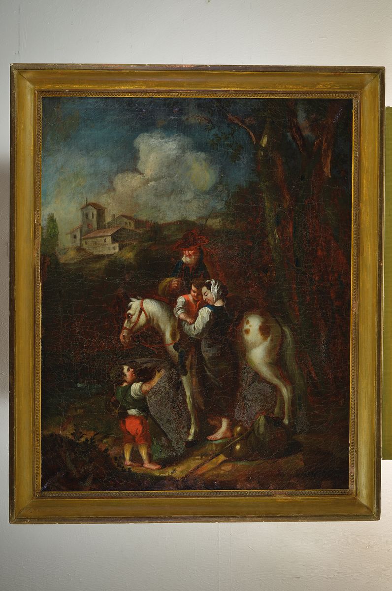 Detail k: Unbekannter Künstler, Italien, um 1760-1780, die Heilige Familie und Johannes bei einer Rast, biblische Geschichte transformiert in italienische ...