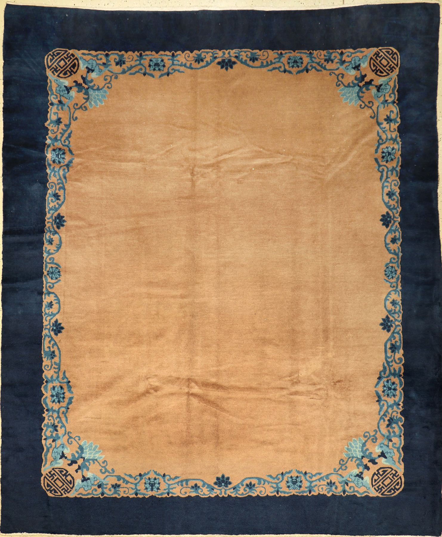 Feiner Peking antik, China, um 1900, Wolle auf Baumwolle, ca. 296 x 249 cm, Fledermaus Bordüre, Dekorativ, selten, EHZ: 3