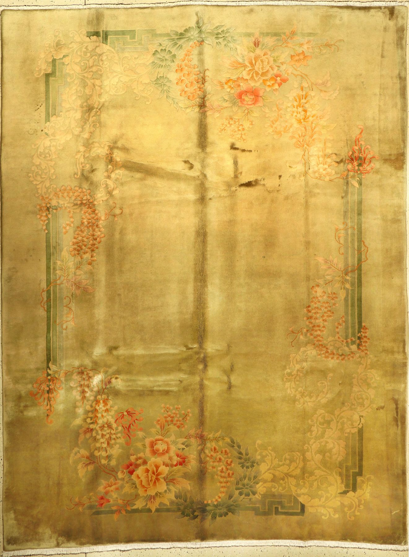 Grüner Peking alt, China, um 1940, Korkwolle, ca. 360 x 271 cm, dekorativ, EHZ: 2-3
