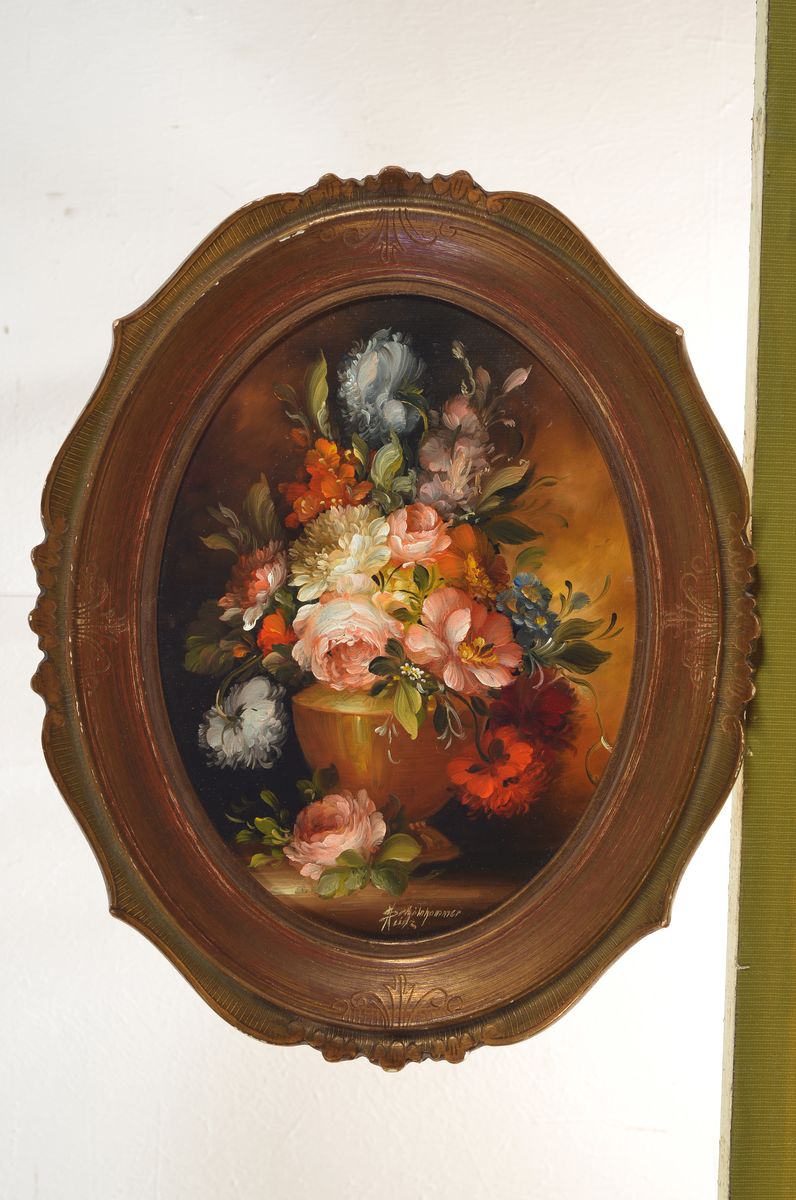 Detail a: Heinz Schölnhammer, geb. 1940 Wien, 2 Pendants mit Blumenstillleben im Stil der alten Meister, Öl/Malkarton, beide signiert, im Oval je ca. ...