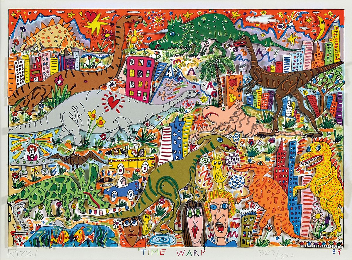 James Rizzi, 1950-2011 New York, Time Warp, dreidimensionale Farblithographie von 1989, handsigniert und num. 323/350, ca. 22x31cm, PP, u.Gl., R. ca. ...