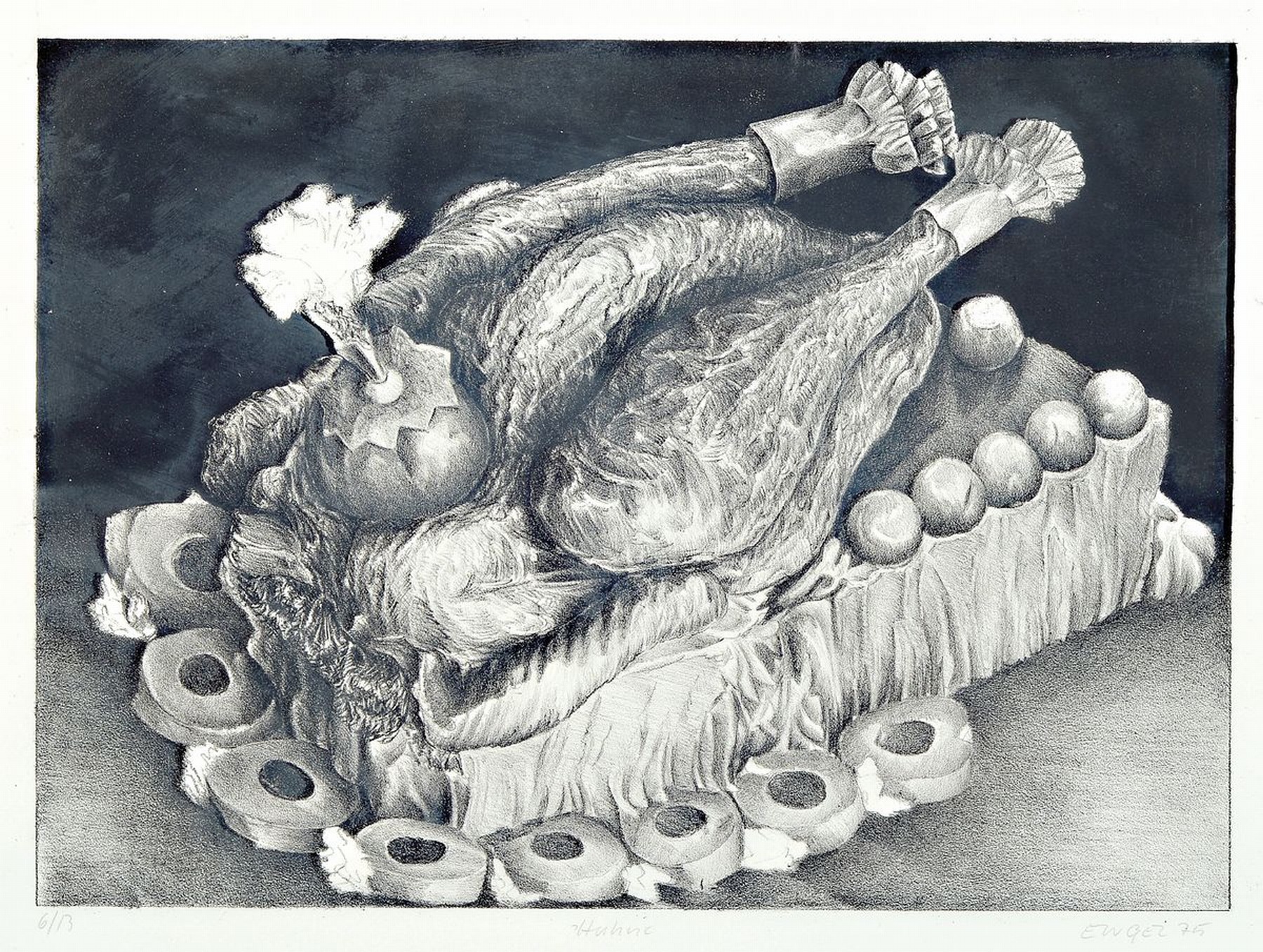 Peter Engel, geb. 1940, Titel: Huhn, Lithografie, sign., dat. 75, num. 6/13, aus dem Nachlass Peter Engel, unter Glas gerahmt gesamt ca. 48x67,5 cm