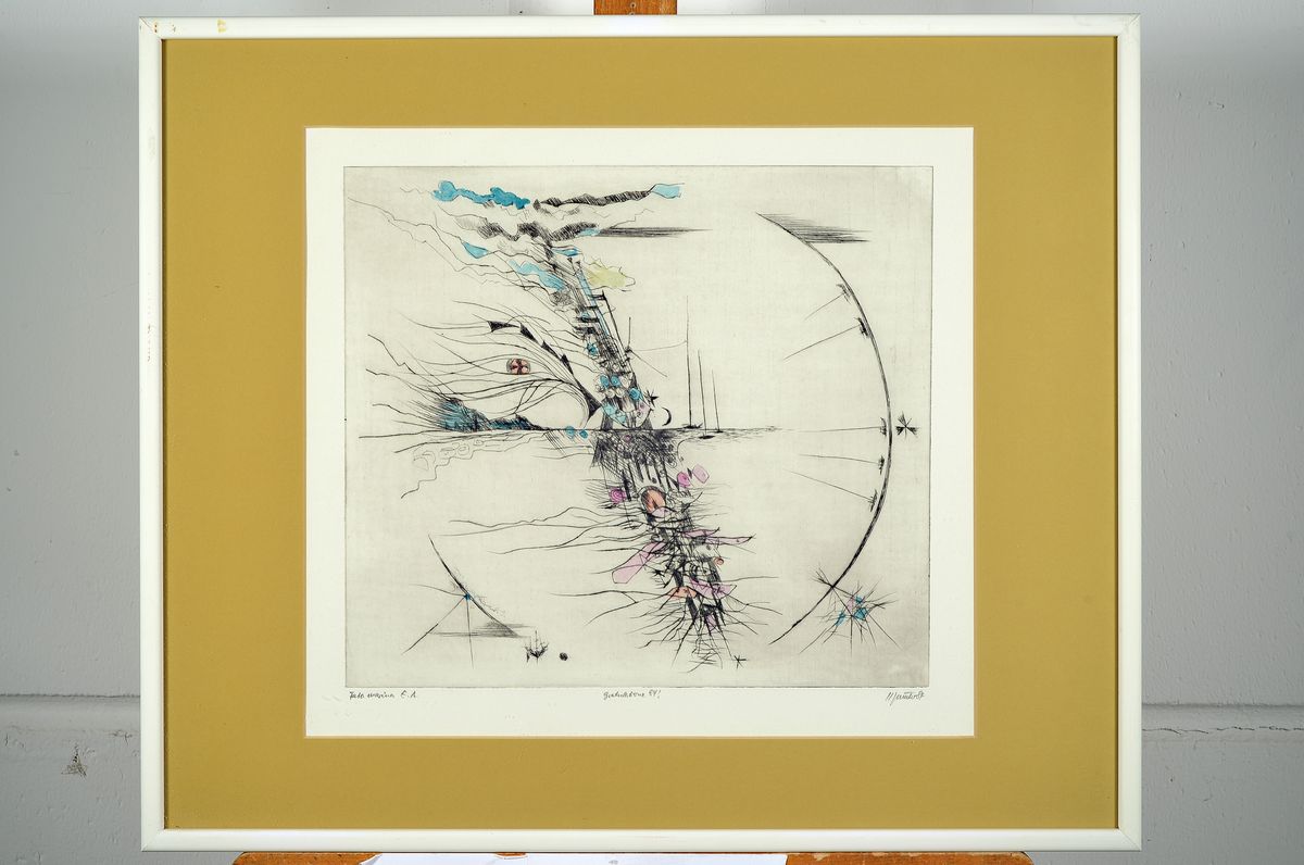 Detail k: Hermann Theophil Juncker, geb. 1929 Ludwigshafen am Rhein, 2 Farbradierungen: Tempelchen, von 1980, signiert, ca. 32x32cm, PP, u.Gl., R. ca. 49x45cm; ...
