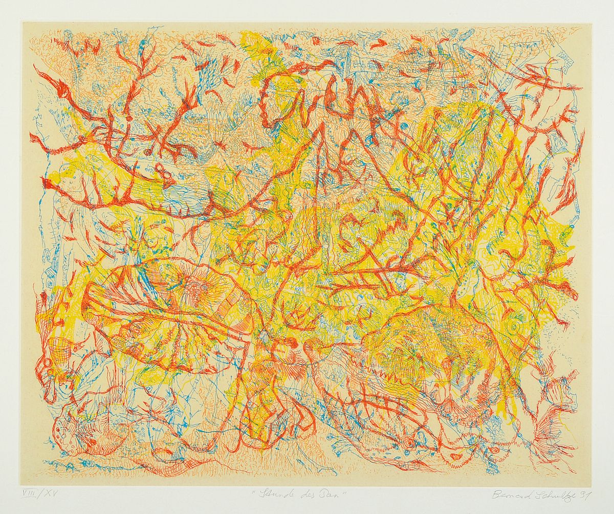 Bernard Schultze, 1915-2005, Stunde des Pan, Farbaquatintaradierung, handsigniert, betitelt, num. VIII/XV, ca. 39x48cm, PP, u.Gl., R. ca. 71x82cm