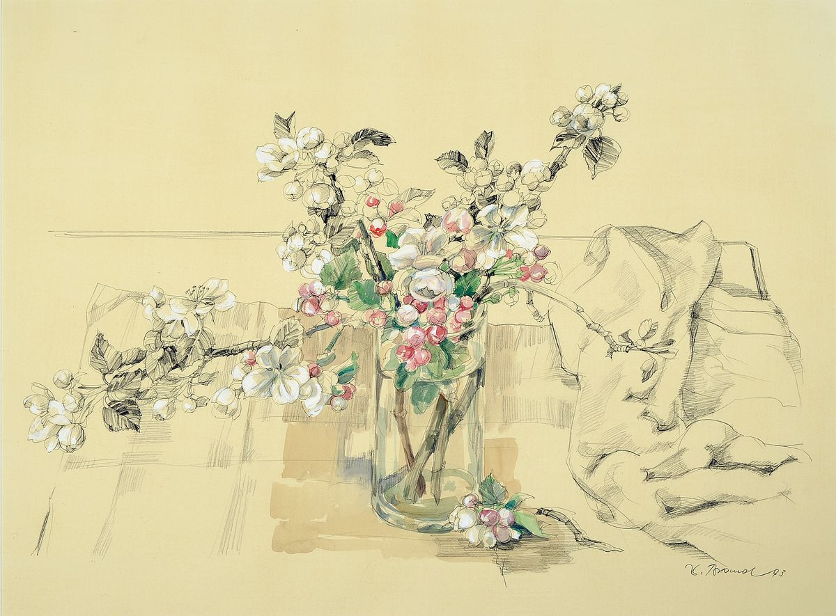 Werner Brand, geb. 1933 Löbau/Sachsen, lebt und arbeitet in der Pfalz, Kirschblüten in Vase, aquarellierte Bleistiftzeichnung, handsigniert und ...