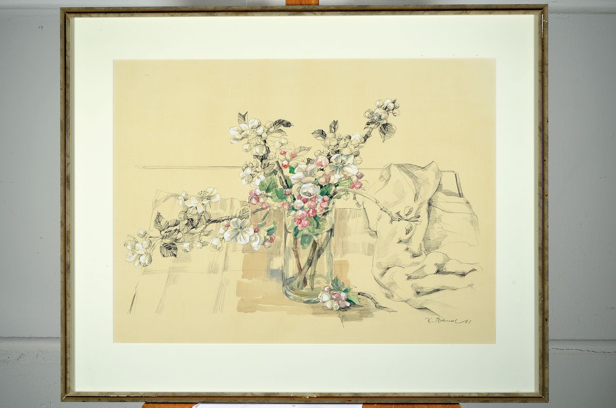 Detail k: Werner Brand, geb. 1933 Löbau/Sachsen, lebt und arbeitet in der Pfalz, Kirschblüten in Vase, aquarellierte Bleistiftzeichnung, handsigniert und ...