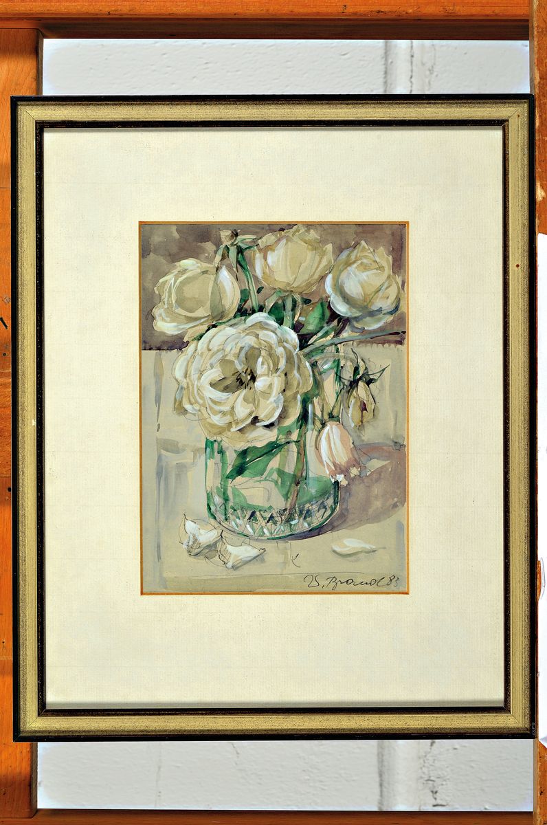 Detail k: Werner Brand, geb. 1933 Löbau/Sachsen, lebt und arbeitet in der Pfalz, Stillleben mit weißen Rosen, Aquarell über Bleistift, signiert und dat. 83, ...