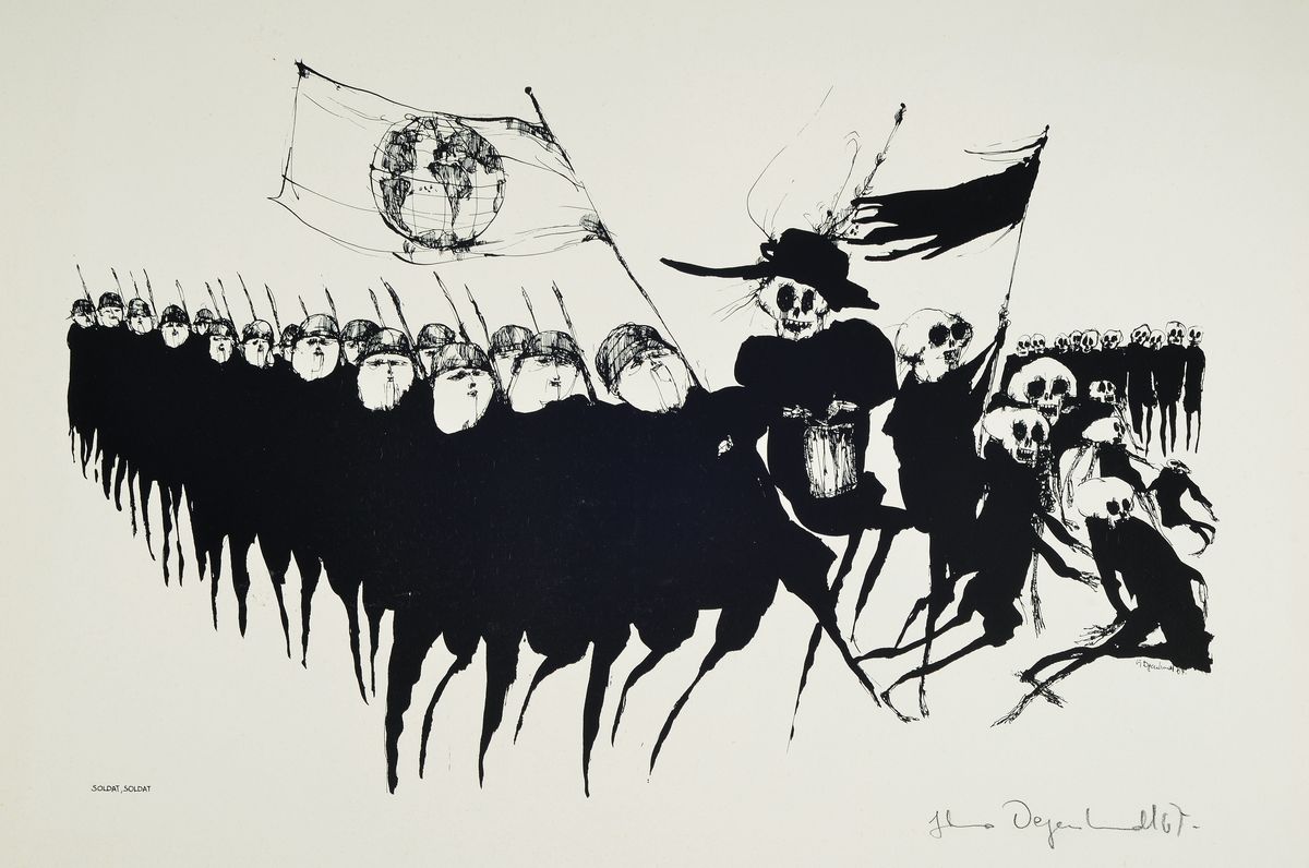 Gertrude Degenhardt, geb. 1940, 4 hand-signierte Grafiken: Schön ist die Zeit ist schön, Soldat Soldat, Die im Aussatz, Permanente Revolution, ...