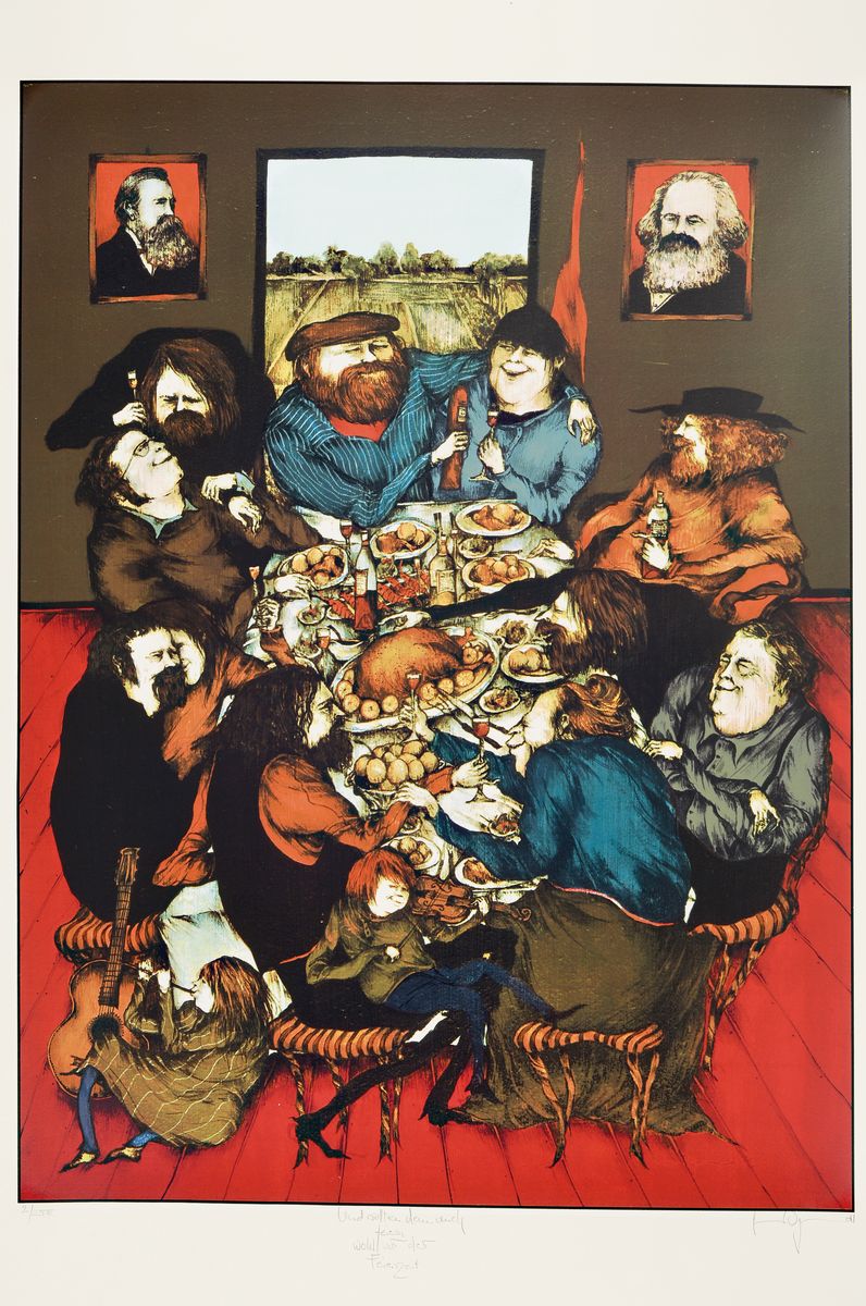 Gertrude Degenhardt, geb. 1940, 2 Grafiken: Farbradierung und Farblithographie: Und sollten denn auch feiern wohl vor der Feierzeit, Farblitho, ...