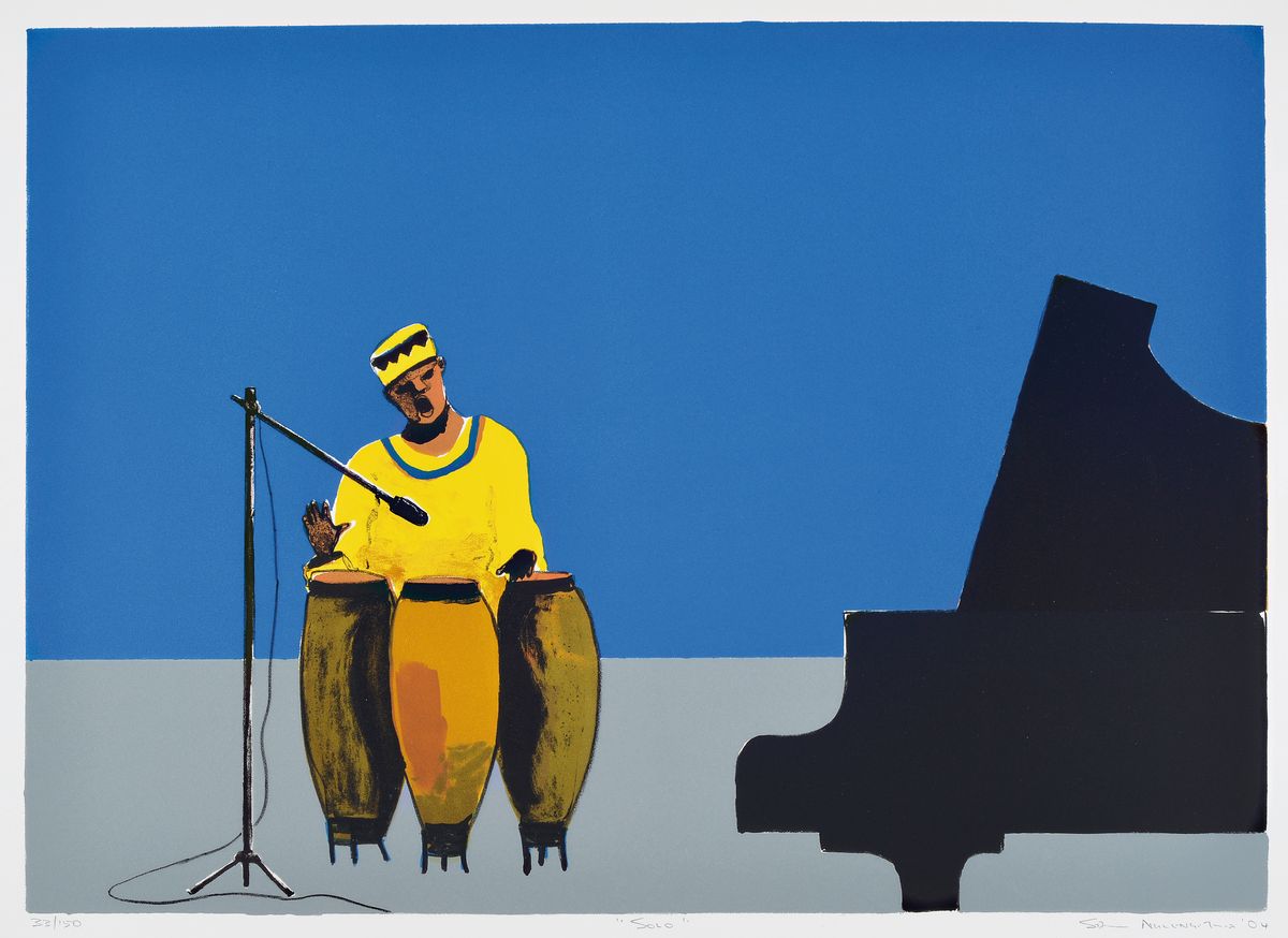 Sam Nhlengethwa, geb. 1955, Künstler und Jazz -Musiker, hier: Solo, Farblithographie von 2004, handsigniert, betitelt, num. 33/150, Blattgr. ca. ...