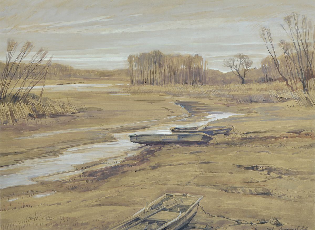 Werner Brand, geb. 1933 Löbau, lebt und arbeitet in der Pfalz, Altrheinlandschaft, Gouache auf Papier, rechts unten signiert, unter Glas gerahmt, ...