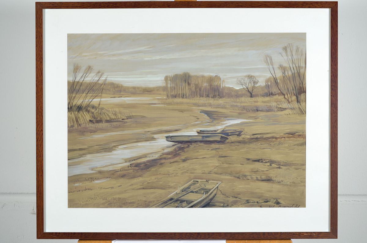 Detail k: Werner Brand, geb. 1933 Löbau, lebt und arbeitet in der Pfalz, Altrheinlandschaft, Gouache auf Papier, rechts unten signiert, unter Glas gerahmt, ...