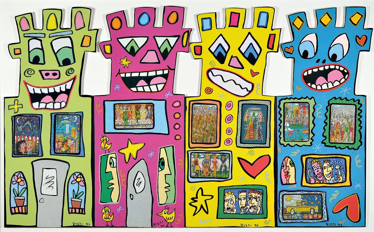 James Rizzi, 1950-2011, "Tower", mit 9 Telefonkarten, sign., dat. 93, unter Glas gerahmt, ca. 81x113 cm