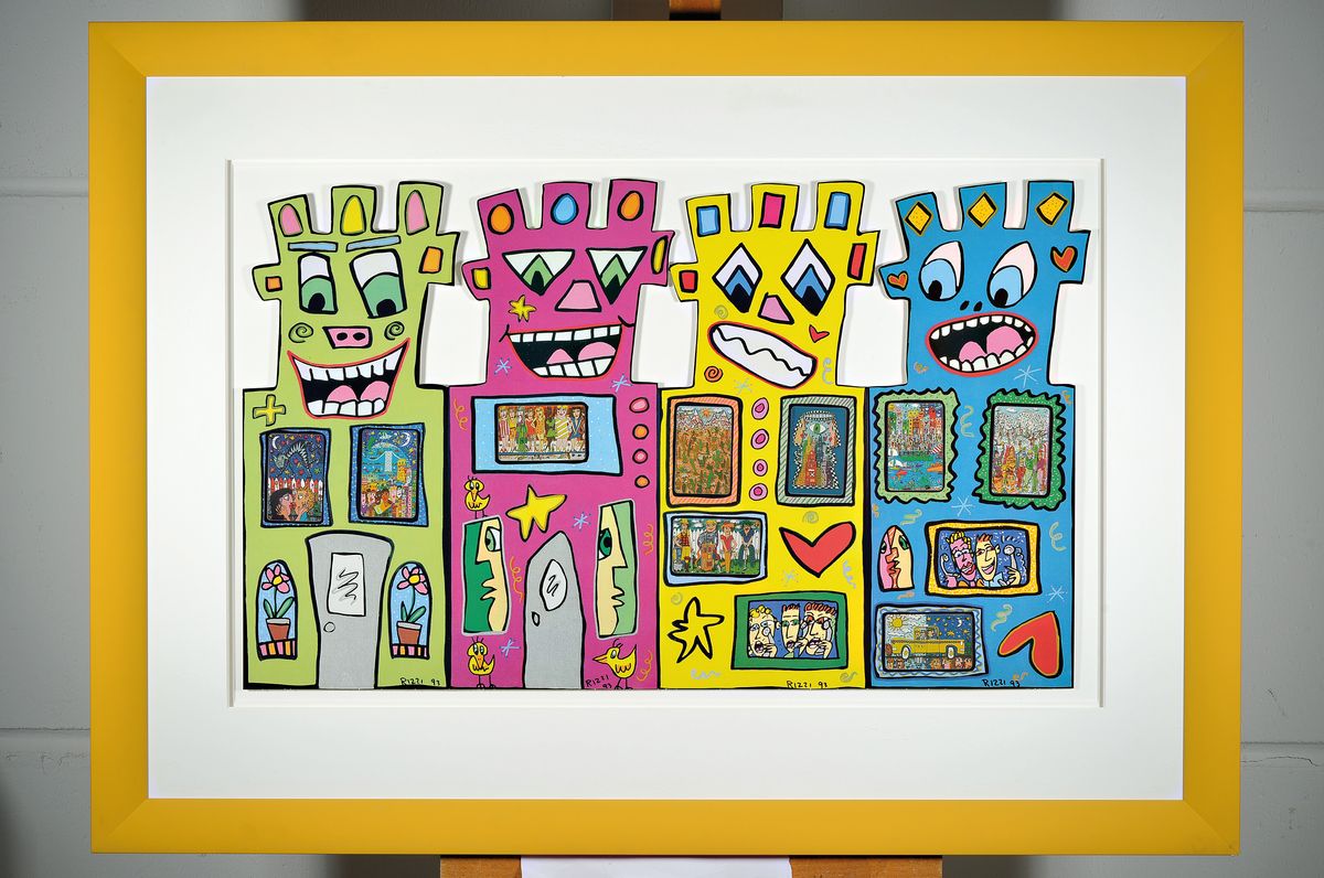 Detail k: James Rizzi, 1950-2011, "Tower", mit 9 Telefonkarten, sign., dat. 93, unter Glas gerahmt, ca. 81x113 cm