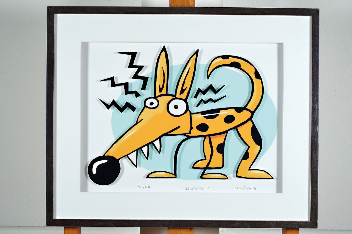 Detail k: Charles Kaufmann, geb. 1953, Electric Dog, 3D- Konstruktion, sign., num. 12/99, unter Glas gerahmt, ca. 52,5x42 cm