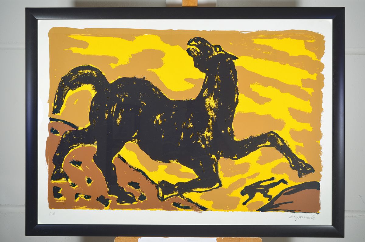 Detail k: A.R. Penck,1939-2017, Farbserigraphie auf dickem Velin, handsigniert, aus 1991/92, Blattgröße 70 x 100 cm, Künstlerexemplar e.a., unter Glas, ...