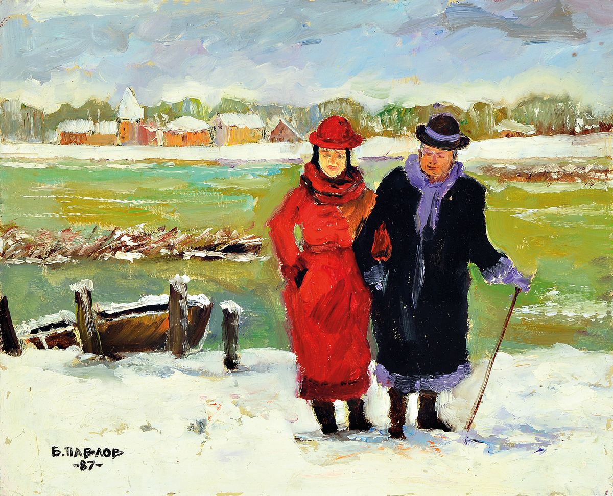 Boris Pavlov, 1928 Belvas, Lettland - 2005 Frankreich, Winter in den Voralpen/Grenoble,Spaziergang, so rückseitig betitelt, vorderseitig signiert, ...