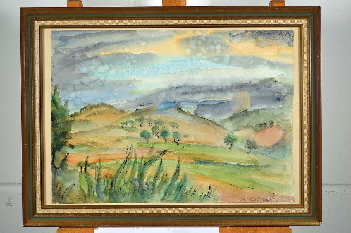 Detail k: Loulou Albert-Lasard, 1885 Metz - 1969 Paris, südliche Landschaftsdarstellung, Aquarell/ Papier, signiert, lose ältere Betitelung wohl auf einem ...