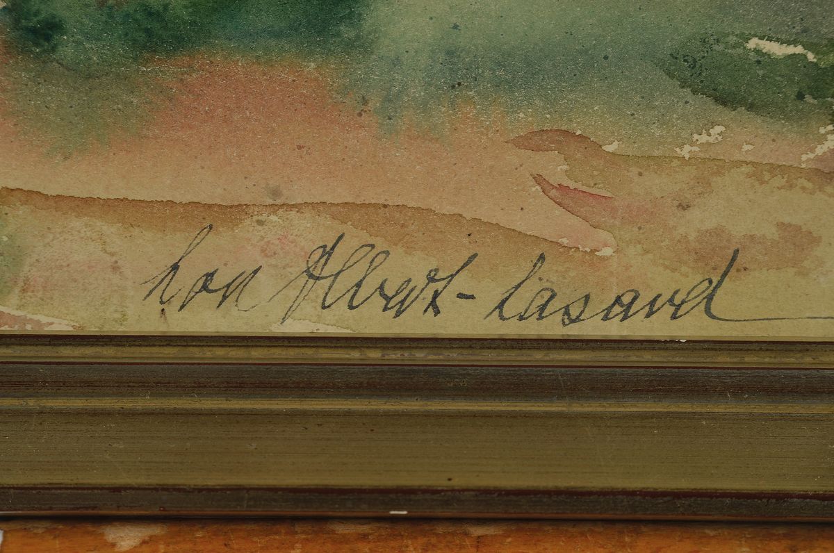 Detail l: Loulou Albert-Lasard, 1885 Metz - 1969 Paris, südliche Landschaftsdarstellung, Aquarell/ Papier, signiert, alte Zusatz-Betitelung wohl auf einem ...
