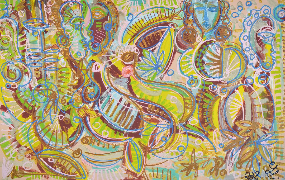 Leon Löwentraut, geb. 1998, 12-Farben Pigmentdruck, "Caribbean Flair", auf Leinwand, von Hand übermalt, daher Unikatcharakter, ...