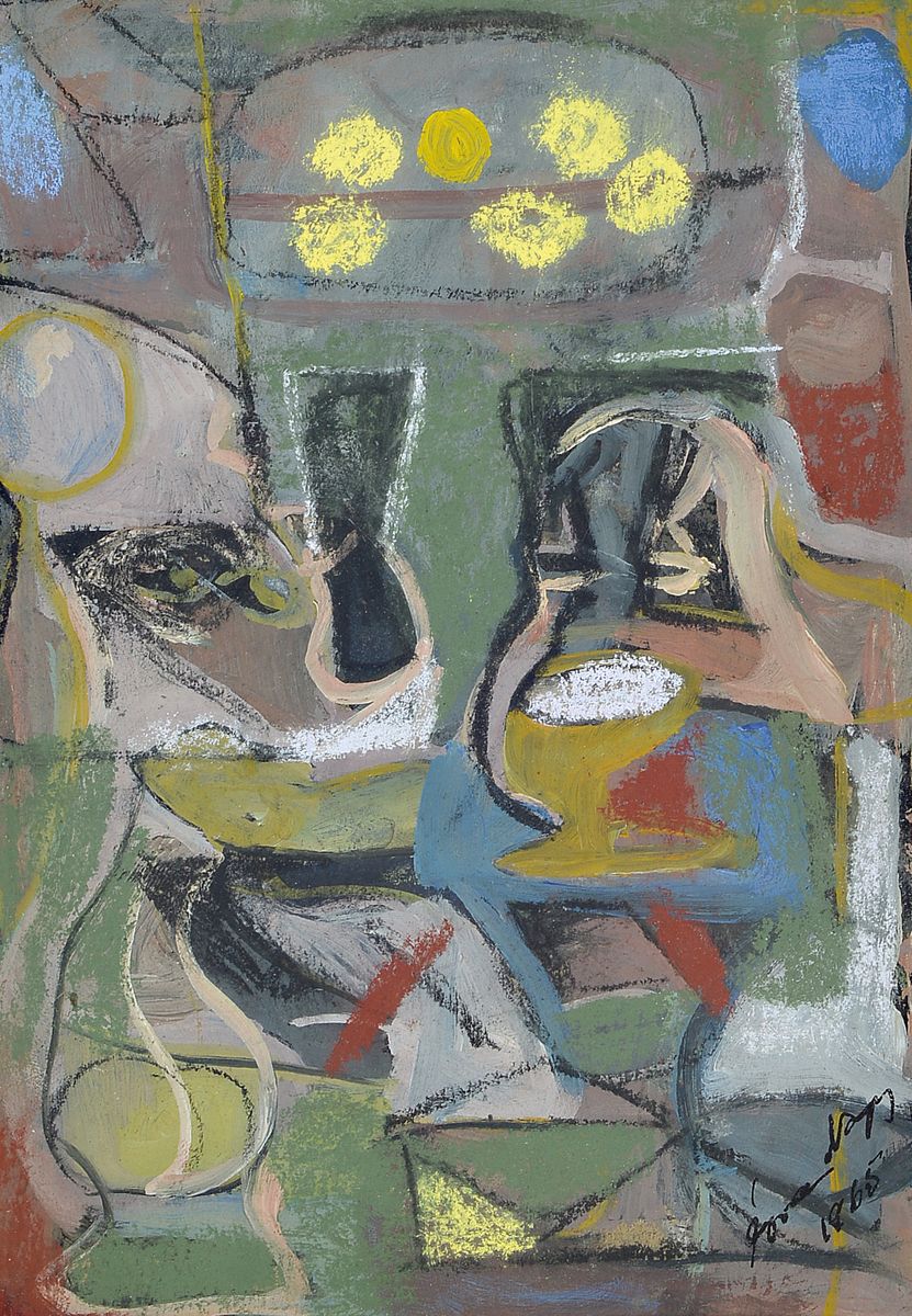 Eva Nagy 1921-2003, Tempera und Öl, abstr. Stillleben, re. u. handsigniert und dat. 1965, PP. 19.5 x 14 cm cm, Rahmen: 33 x 26.3 cm, PP. mit ...
