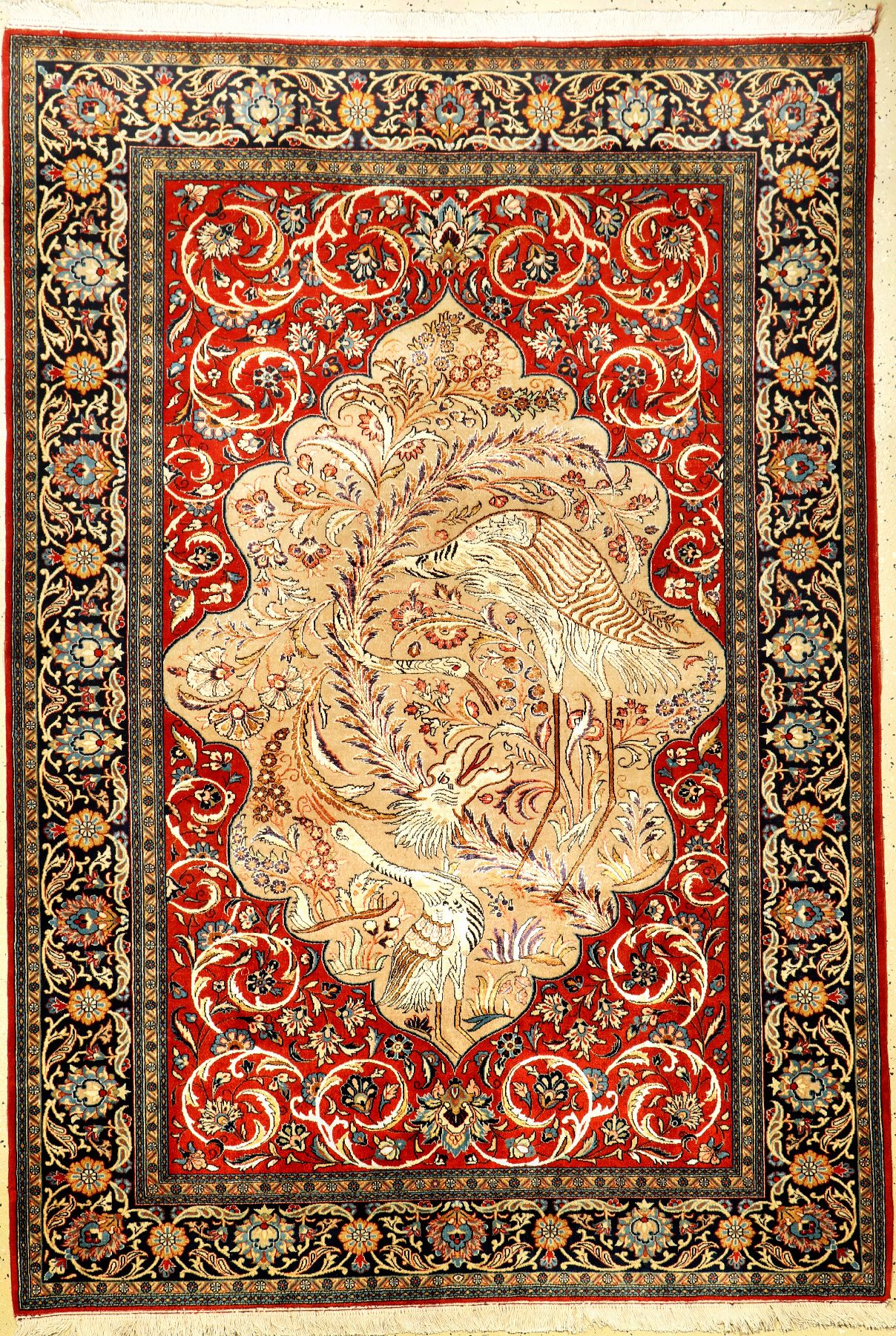 Seltener Ghom Kork (Part-Silk) "Drachen & Reiher", Persien, ca. 50 Jahre alt, Korkwolle mit Seide, ca. 203 x 141 cm, EHZ: 2 (fachkundig ...
