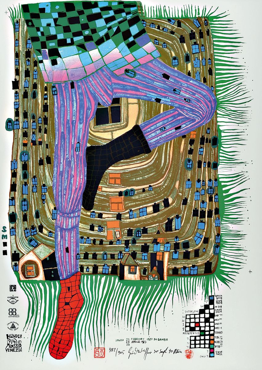 Friedensreich Hundertwasser, 1928-2000, In Gamba, Farbserigraphie, handsigniert und num. 382/905, ca. 67x45.5cm, PP, u.Gl., R. ca. 97x72cm