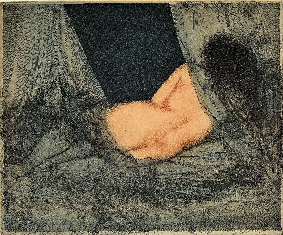 Ernst Fuchs, 1930-2015, liegender Rückenakt, Farbradierung, handsigniert und num. 76/100, ca. 17.5x21.5cm, Blattgr. ca. 34x50cm