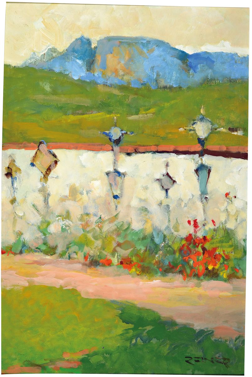 Imre Reiner, 1900-1987, Blick über die Friedhofs-Mauer, Öl/Hartfaser, rechts unten signiert, ca. 50x38cm, R.