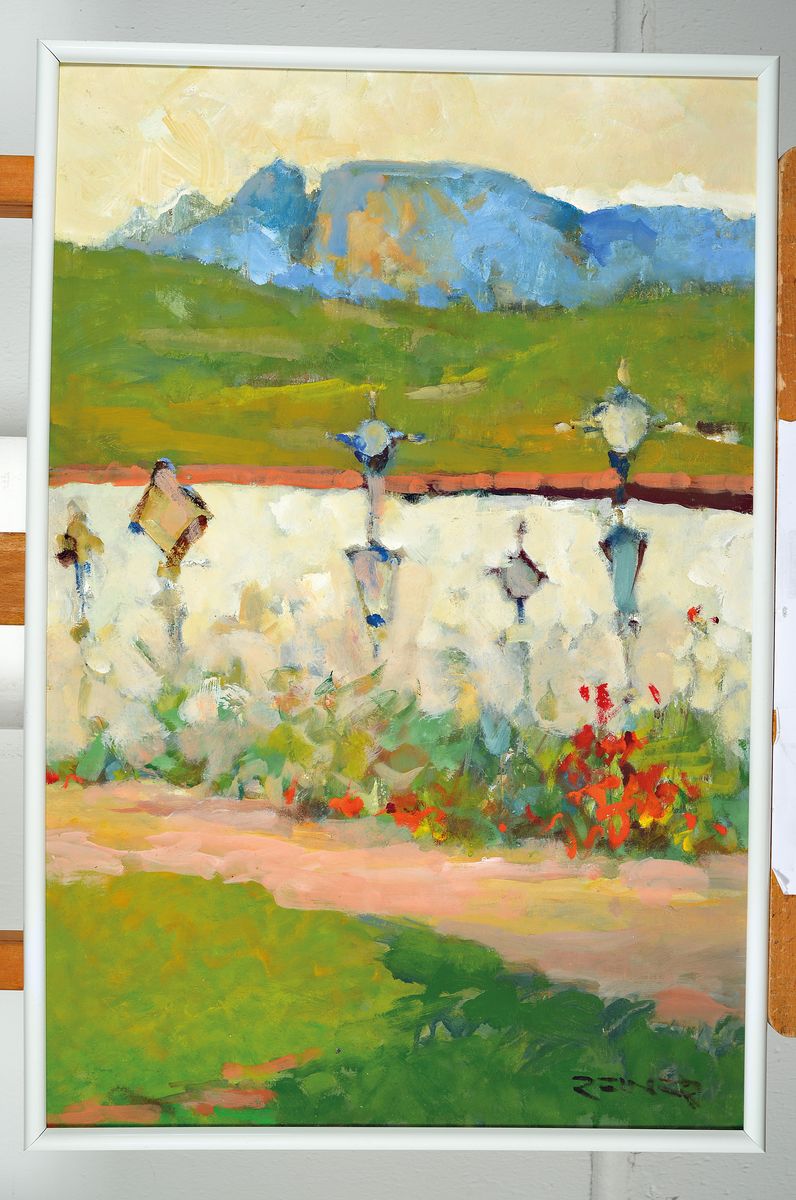 Detail k: Imre Reiner, 1900-1987, Blick über die Friedhofs-Mauer, Öl/Hartfaser, rechts unten signiert, ca. 50x38cm, R.