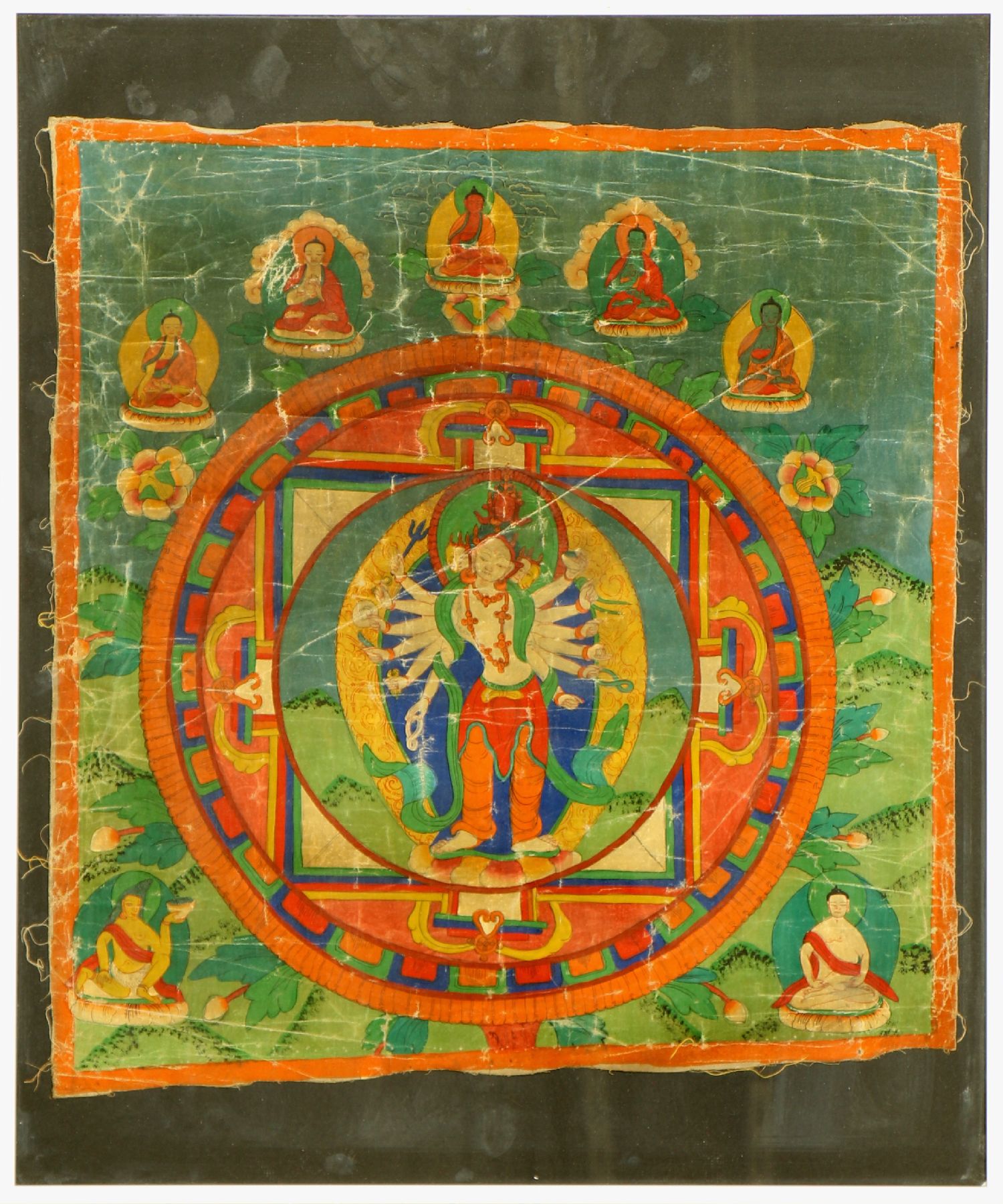 Thangka alt, Tibet, um 1920, Leinenmalerei,ca. 60 x 50 cm, mit Rahmen, (Altersspuren)