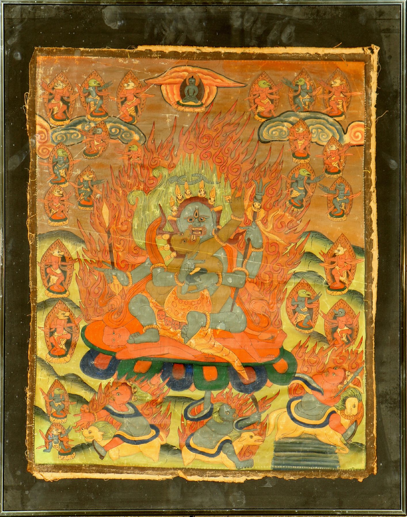 Thangka alt, Tibet, um 1920, Leinenmalerei,ca. 72 x 57 cm, mit Rahmen, (Altersspuren)