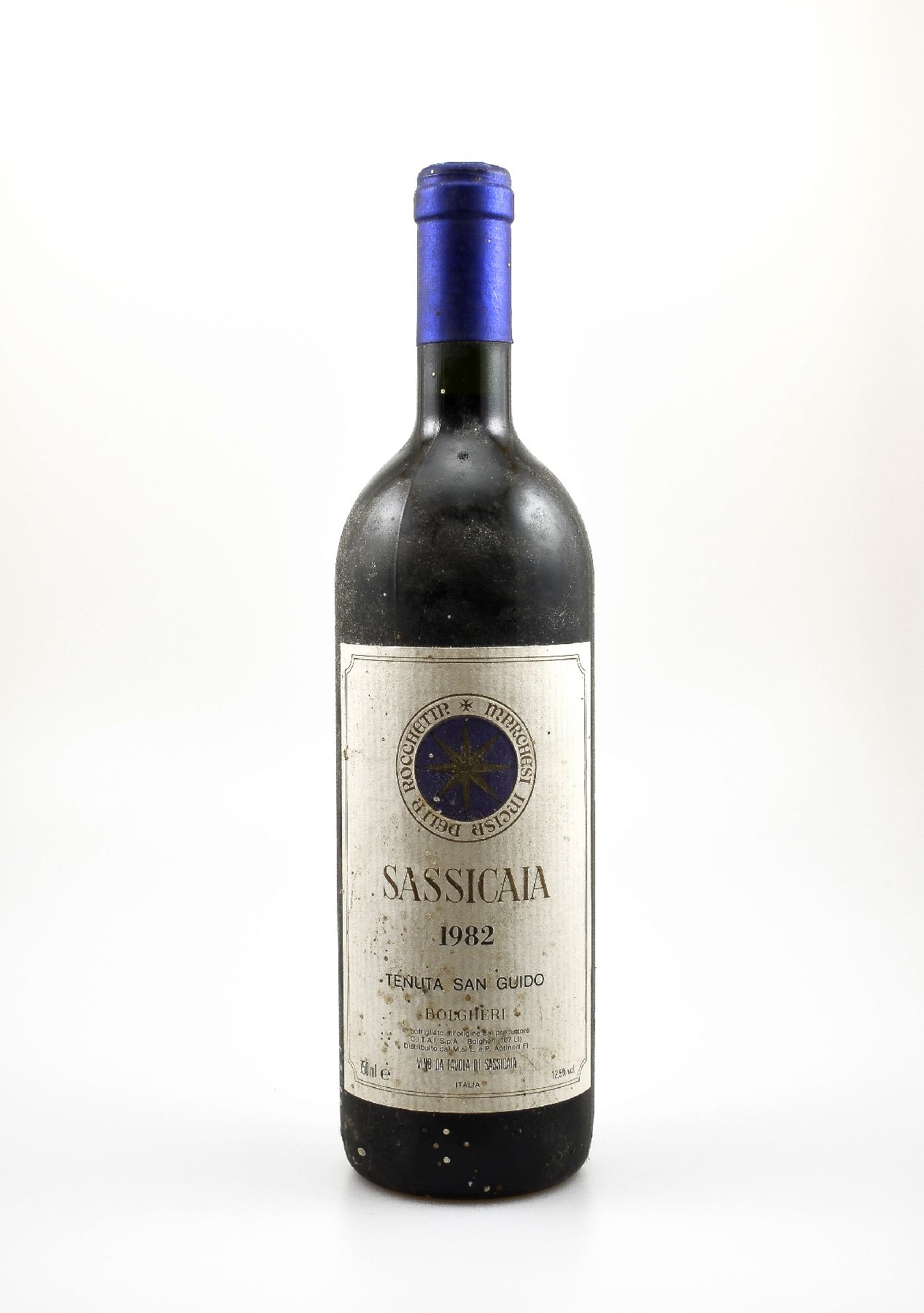 1 Flasche 1982 Tenuta San Guido Sassicaia Bolgheri, Toscana, ca. 75 cl, 12,5 % Vol., Füllstand: into neck, Etikett min. beschmutzt,unverkostet, ...