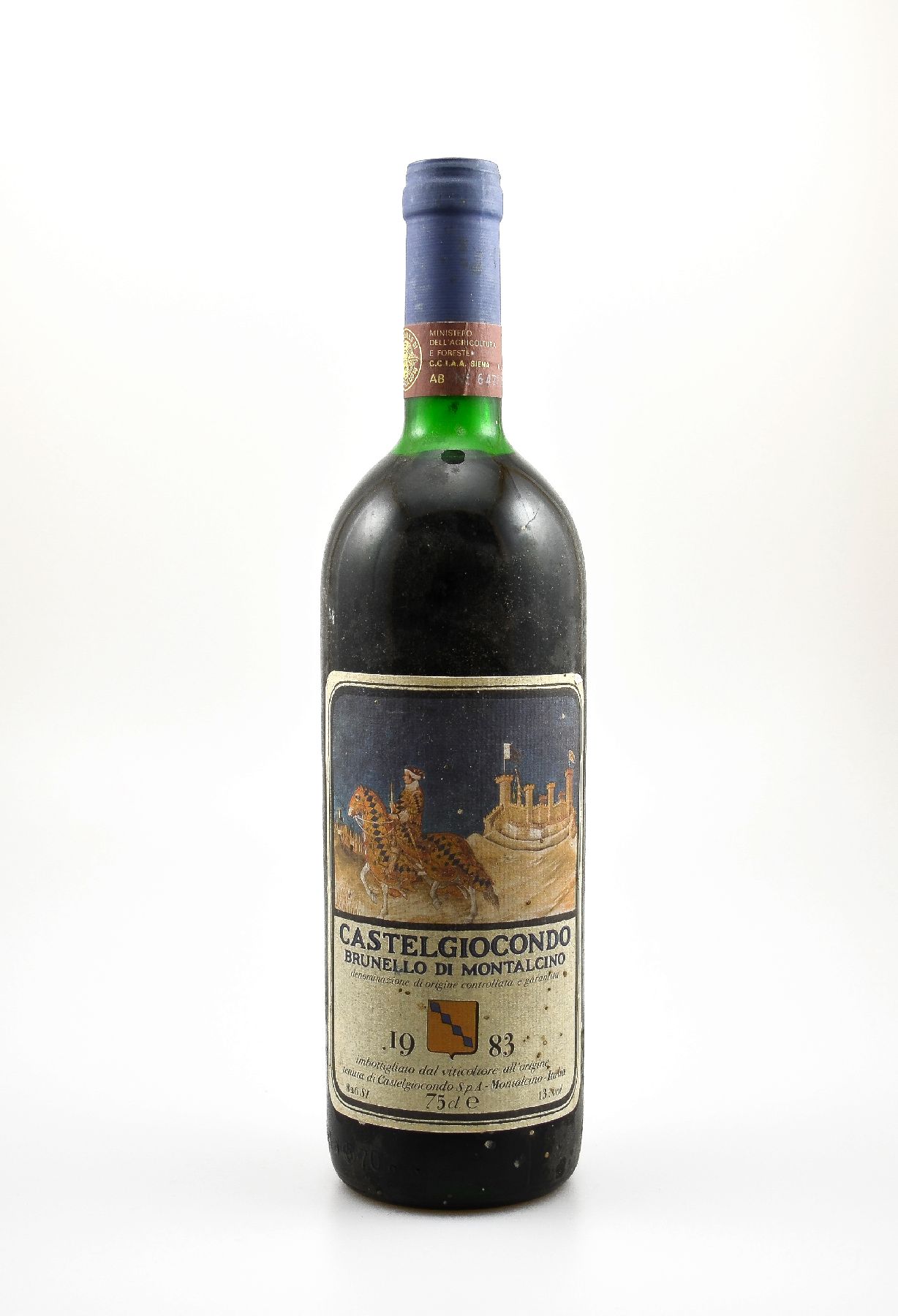 1 Flasche 1983 Castelgiocondo Brunello di Montalcino, ca. 75 cl, 13 % Vol., Füllstand: ca. upper mid shoulder, Etikett min. beschmutzt, unverkostet, ...