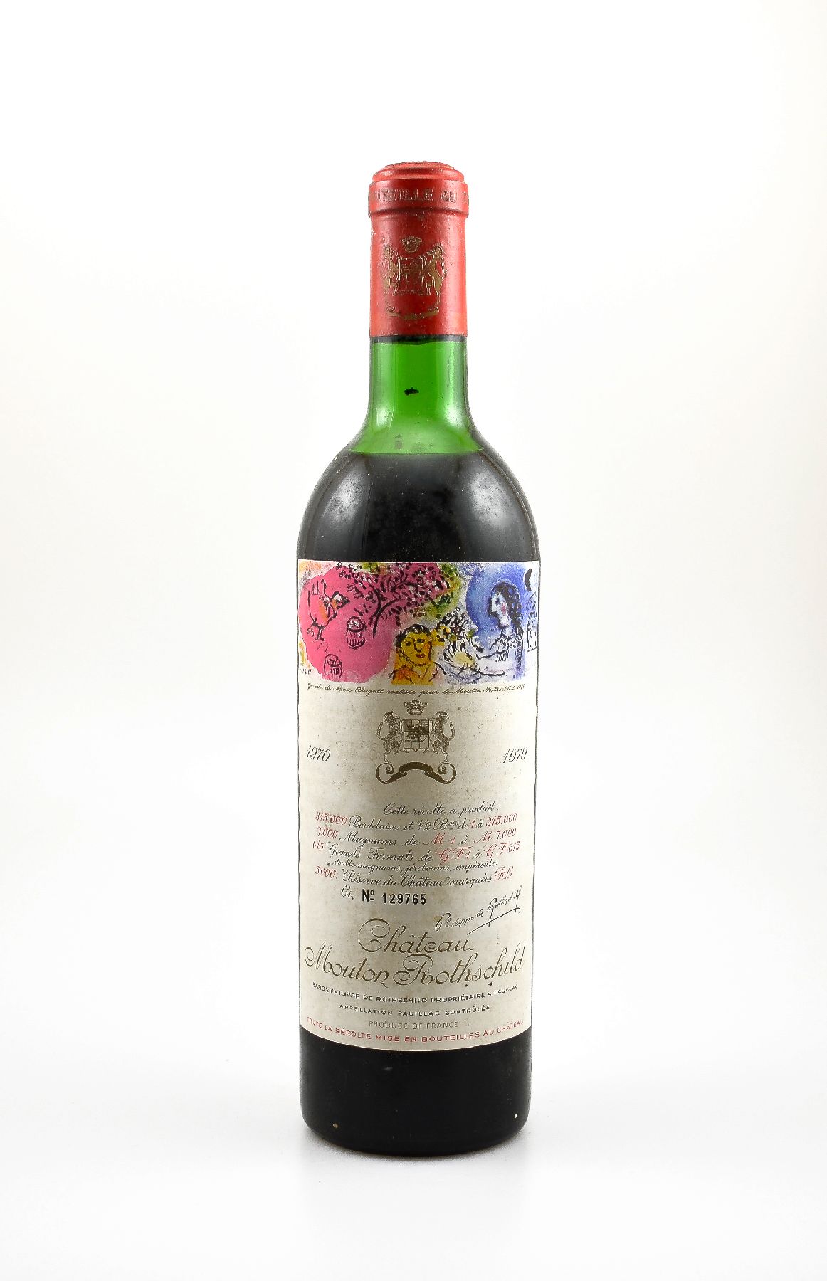 1 Flasche 1970 Chateau Mouton Rothschild, Pauillac, Premier Grand Cru Classe, Füllstand:ca. upper mid shoulder, Künstleretikett von Marc Chagall, ...