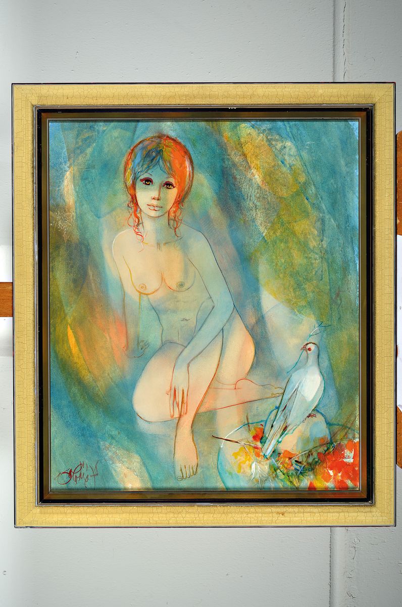 Detail k: Jean-Baptiste Valadie, geb. 1933, sitzender weiblicher Akt mit Taube, Öl/Lwd, links unten signiert, rückseitig nochmals signiert und betitelt: ...