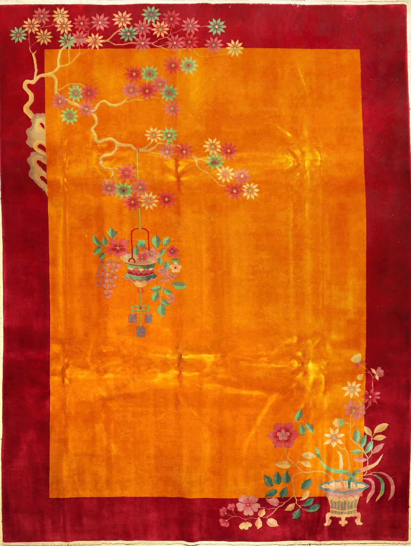 Gelber Peking alt, China, um 1910/1920, Korkwolle, ca. 346 x 264 cm, sehr edel und dekorativ, seltene Farbkomposition, EHZ: 2, sehr feine ...