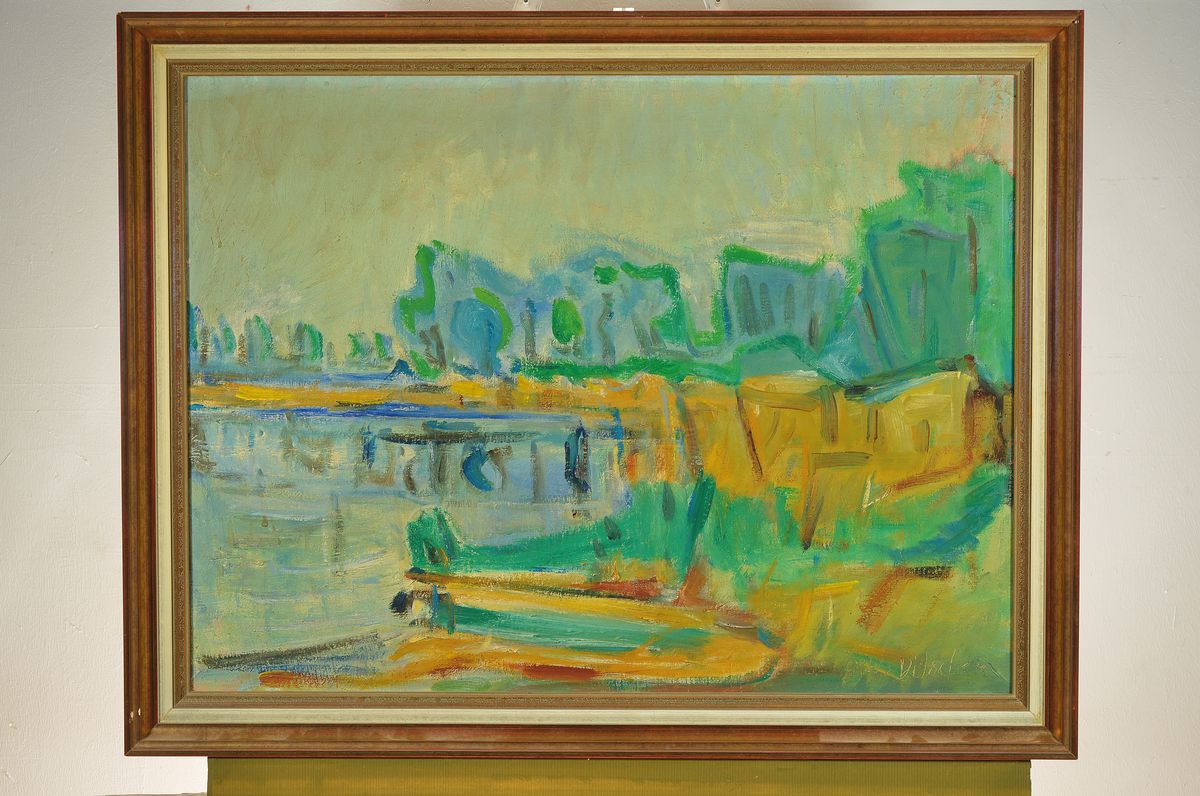 Detail k: Otto Ditscher, 1903-1987 Neuhofen, Landschaft am Altrhein, Öl/Lwd, rechts unten signiert, expressive Malweise mit breitem Pinselduktus, ca. 60x80cm, ...