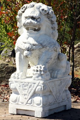 25898223a - Guardian Lion, China, modeled on Ming, white marble, carved from the block, detailed elaboration, rich symbolism of luck, beautiful sculpting, bumped, approx. 136x51x72 cm