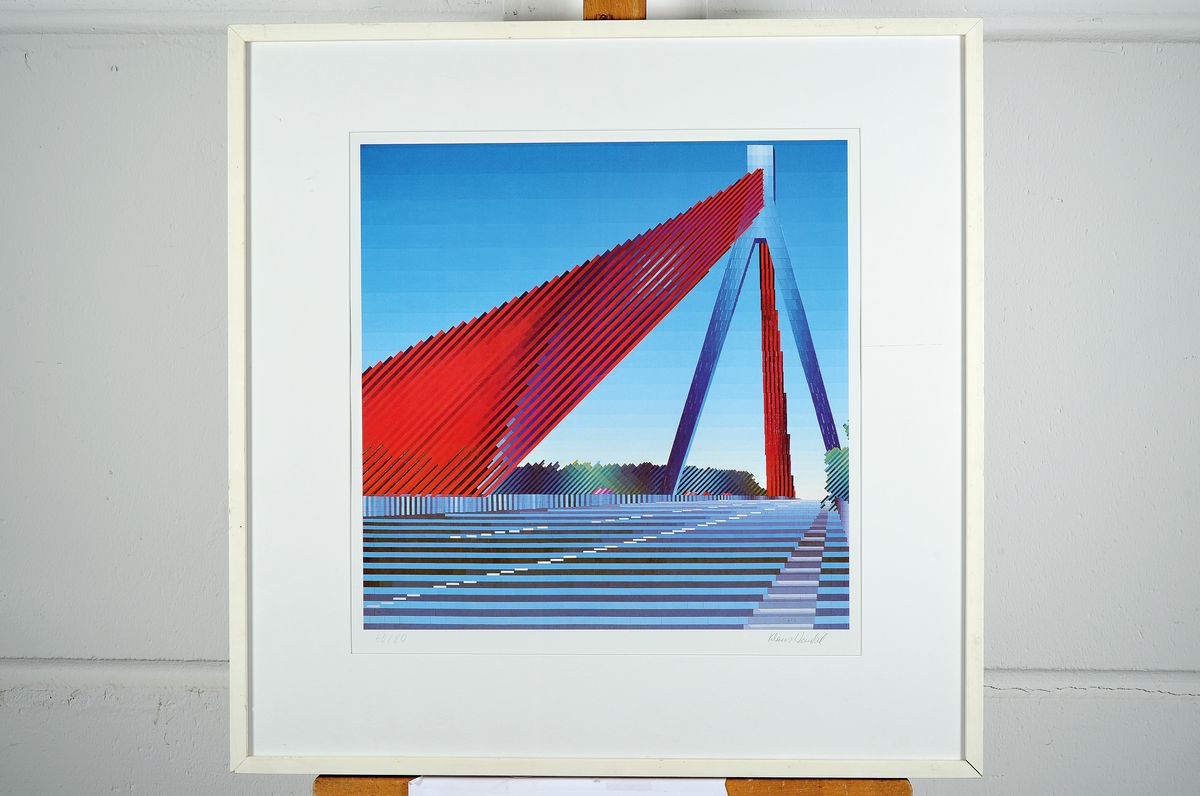 Detail k: Klaus Wendel, 1935 Wollmesheim-2005, Studium an der Akademie Karlsruhe bei Karl Hubbuch, hier: Die Autobahnbrücke bei Speyer, Farboffset, ...