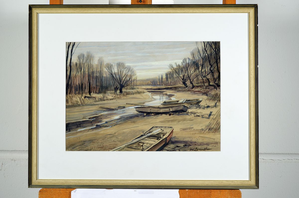 Detail k: Werner Brand, geb. 1933 Löbau, lebt und arbeitet in der Pfalz, Altwasser zwischen Speyer und Römerberg, Aquarell auf Papier, rechts unten signiert, ...
