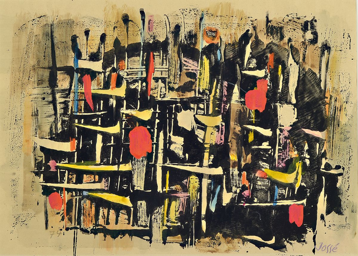 Friedrich Jossé, 1897 Wolfstein-1994 Speyer, Flatternde Wimpeln, Aquarell auf Papier, signiert und dat. 74, ca. 29x40cm, PP, u.Gl., R., ca. 44x54cm