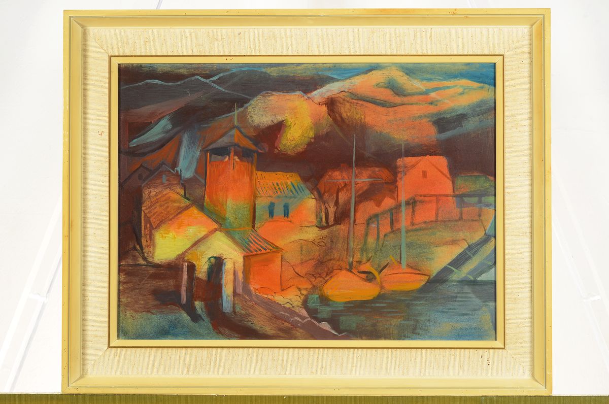 Detail k: Willi Brunkow, 1904-1983, Blick auf ein Dorf im Abendrot, Gouache/Malkarton, rechts unten signiert, ca. 32x44cm, R. ca. 42x54cm
