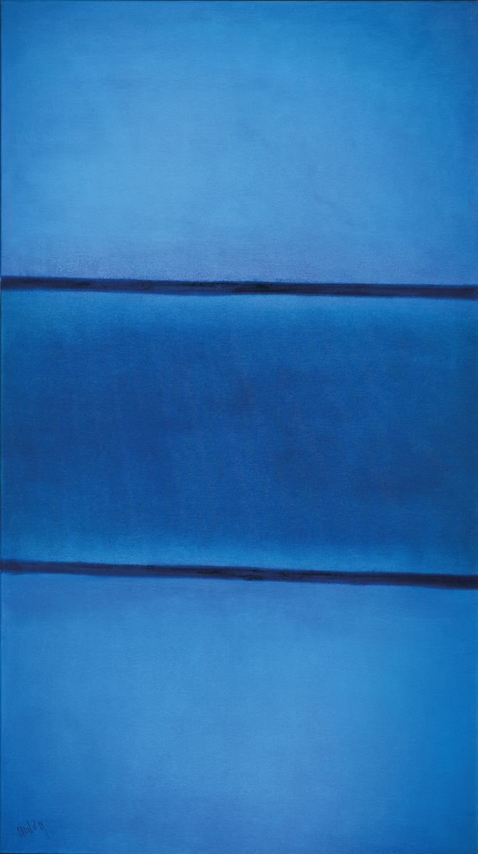 Gaston Gale, zeitgenössischer Künstler, Abstrakte Komposition in Blau, Öl/Lwd, sign., ca. 162x91 cm, Leisten