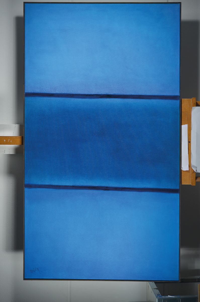 Detail k: Gaston Gale, zeitgenössischer Künstler, Abstrakte Komposition in Blau, Öl/Lwd, sign., ca. 162x91 cm, Leisten