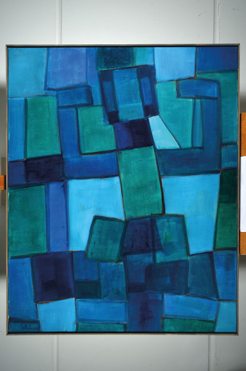 Detail k: Lucien Sotto, zeitgenössischer Belgischer Künstler, geometrische Komposition in Blau, Öl/Lwd, sign., ca. 102x82 cm , Leisten