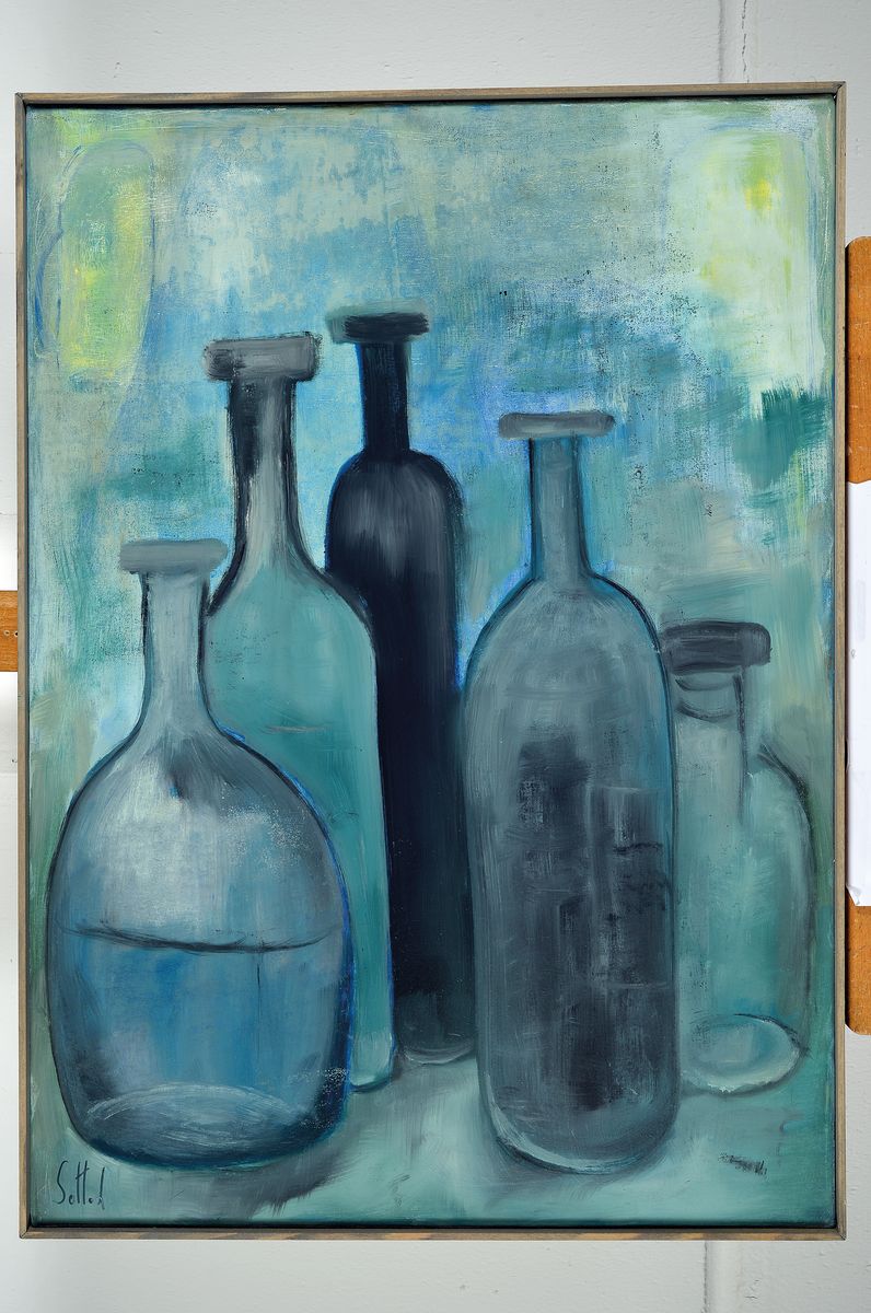 Detail k: Lucien Sotto, zeitgenössischer Belgischer Künstler, Stillleben mit Flaschen, Öl/Lwd, sign., ca. 71x51 cm, Leisten