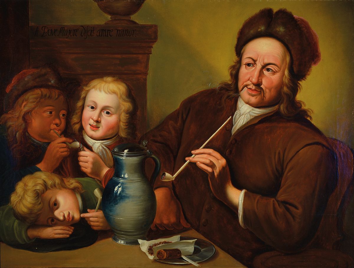 Niederländischer Maler, um 1830-40, drei Kinder mit einem Mann beim Tabak rauchen,Öl/Lwd, doubliert, rest., qualitätvolle Malerei mit großer ...